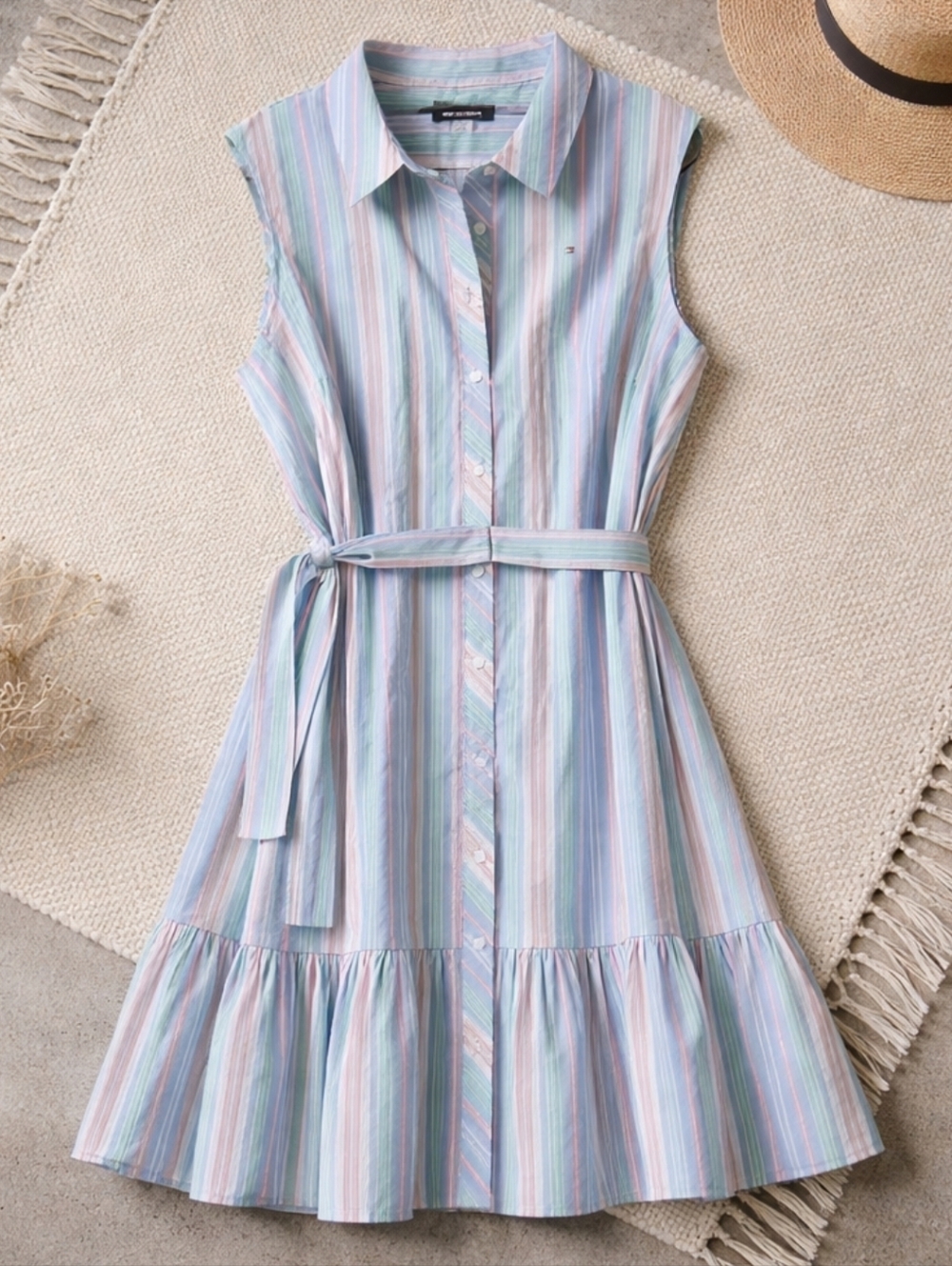 Tommy Hilfiger Striped Sleeveless Ruffle Hem Shirt Dress 16 Coastal Nautical